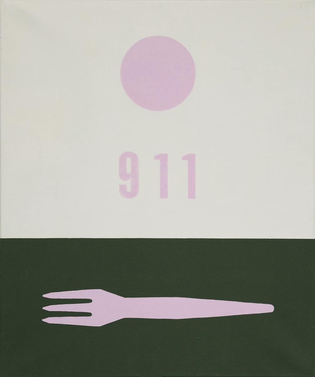 French fries fork #911 (pink), 60 x 50 cm, acrylic on canvas, 2001